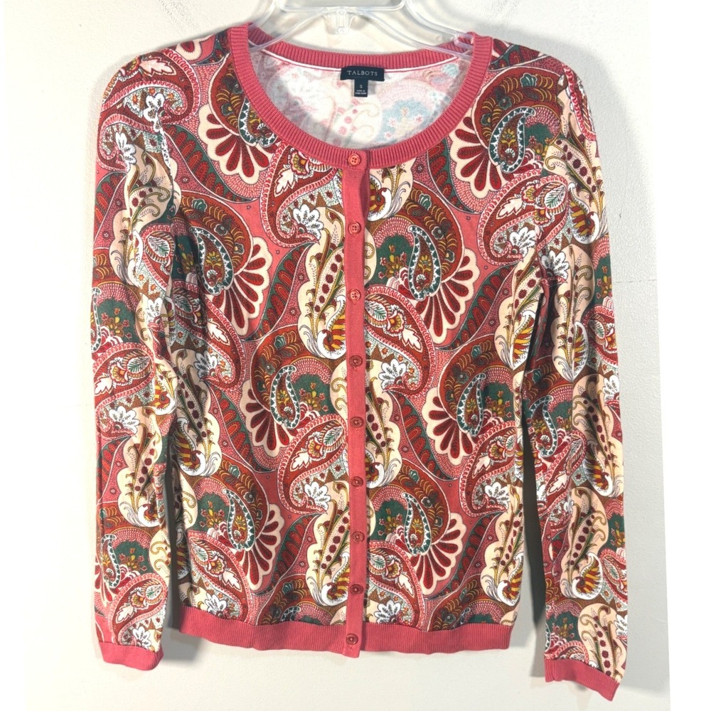 Talbots Womens Pink Paisley‎ Cotton Rayon Knit Button Front Cardigan Sweater S
